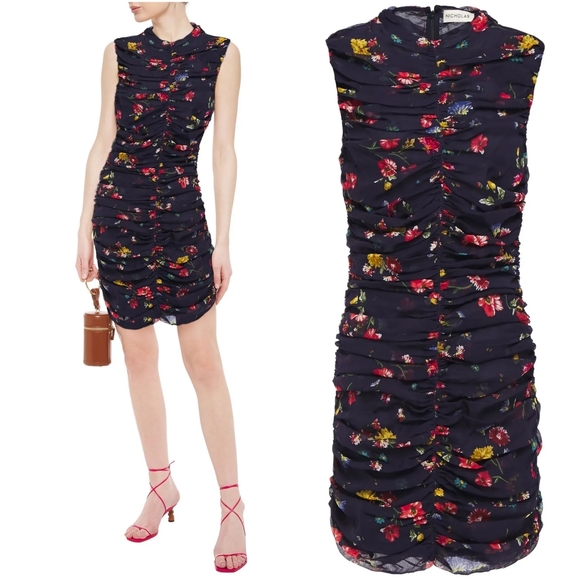 NICHOLAS Gathered Floral Print Silk Mini Dress - Picture 2 of 15
